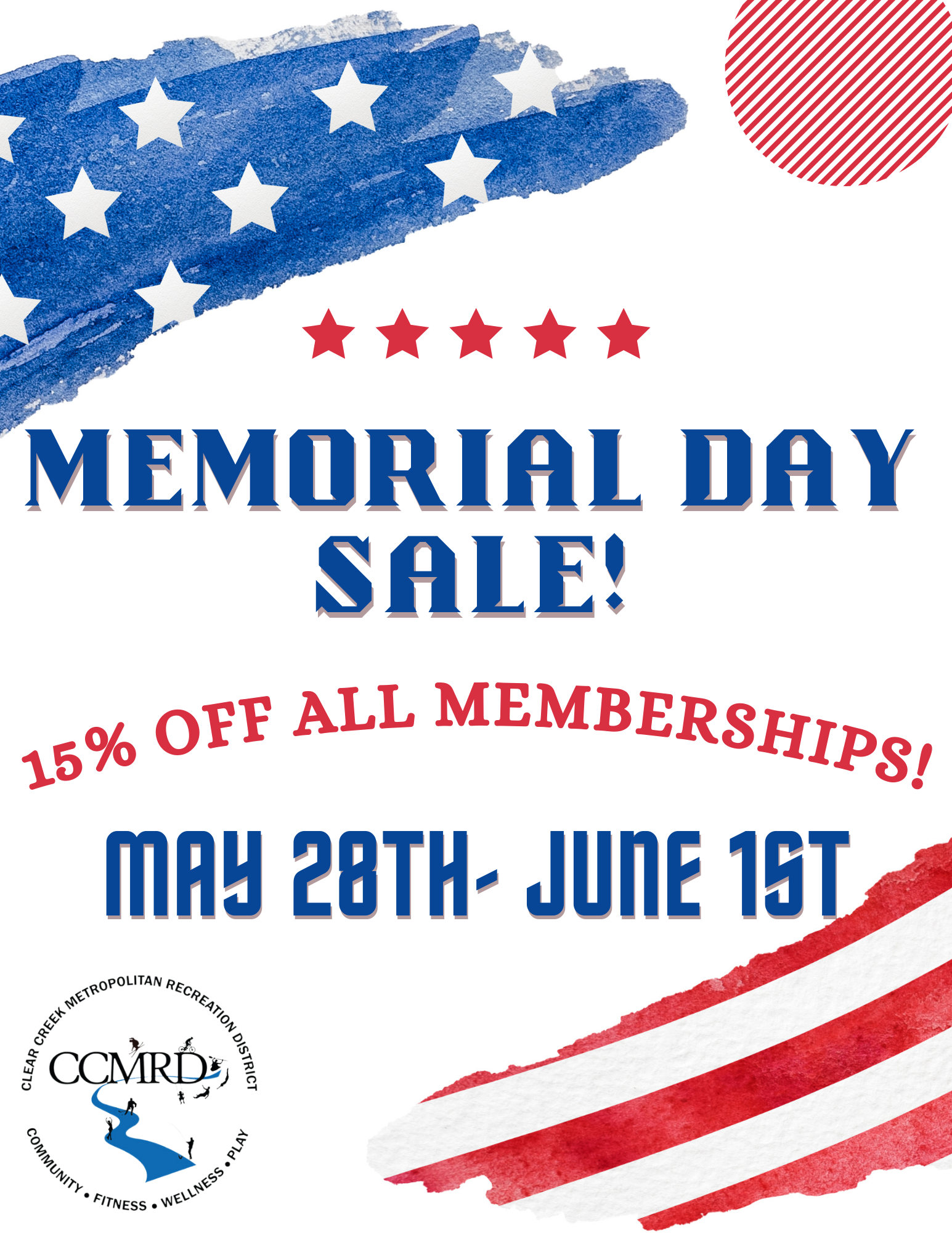 red, blue and white memorial day sale width=
